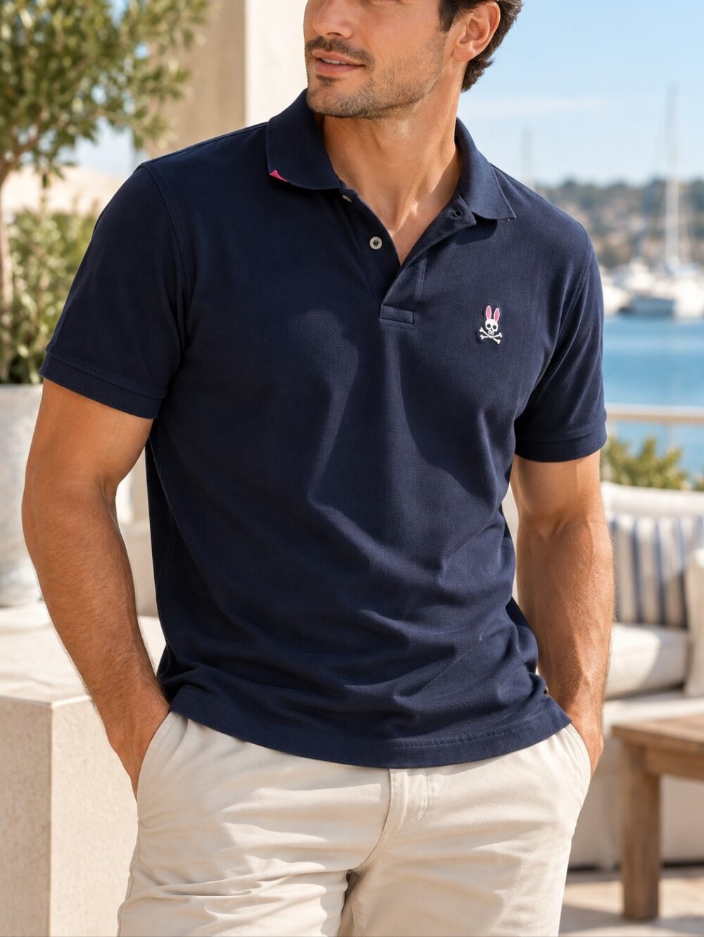 Psycho Bunny Men's Navy Blue Polo Shirt  Bunny Logo Short Sleeve Size 6